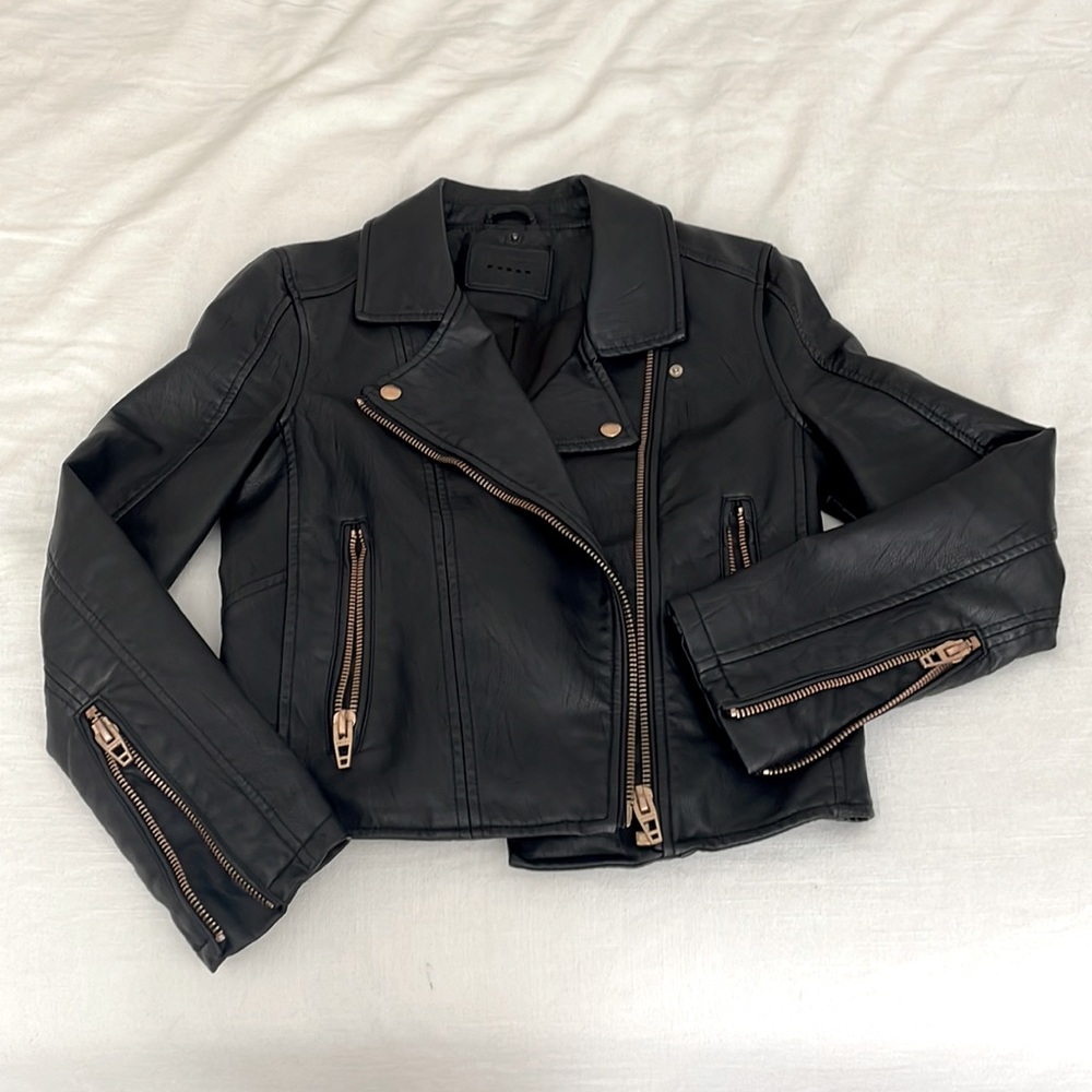 Black leather jacket. Size XS. Brand is blankNYC